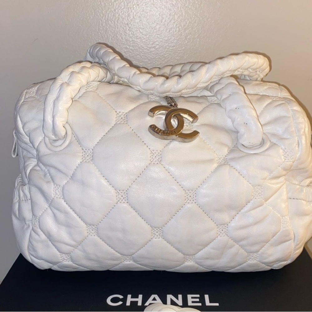 Chanel Quilted Bubble Bowler Bag in Ivory Lamb Skin Leather